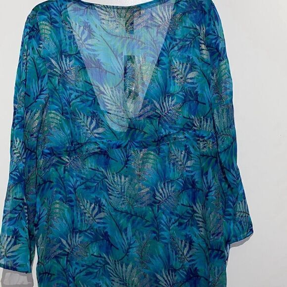Club Z Collection Women's Blue Gold Tropical 3/4 Sleeve Swim Cover-Up Medium NWT - Picture 8 of 8